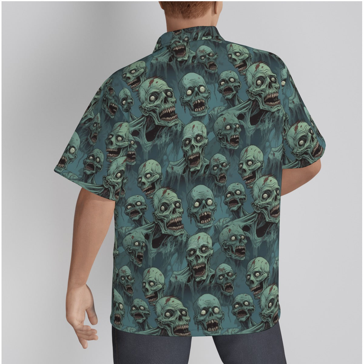 Zombie crowd gothic shirt featuring a design of numerous eerie zombies against a teal background.