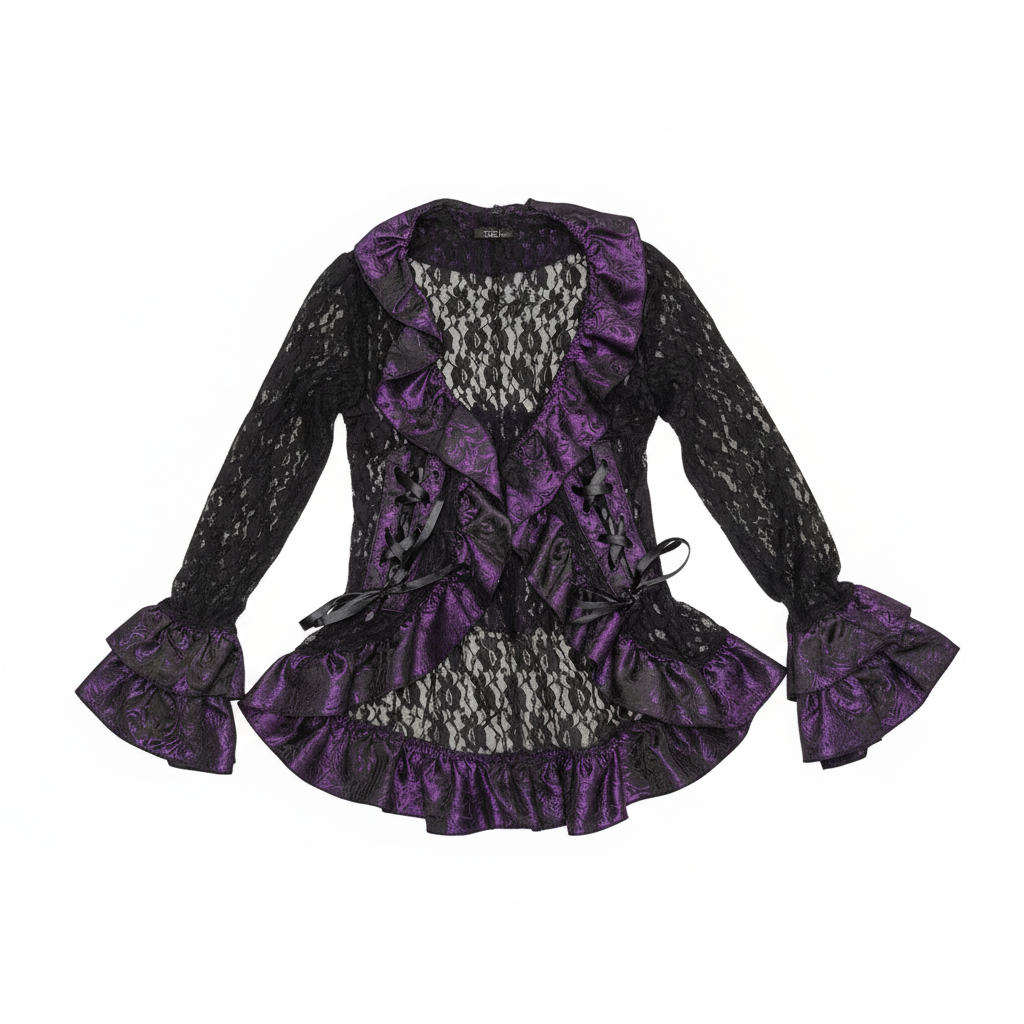 Purple Morticia jacket with lace and ruffle details.