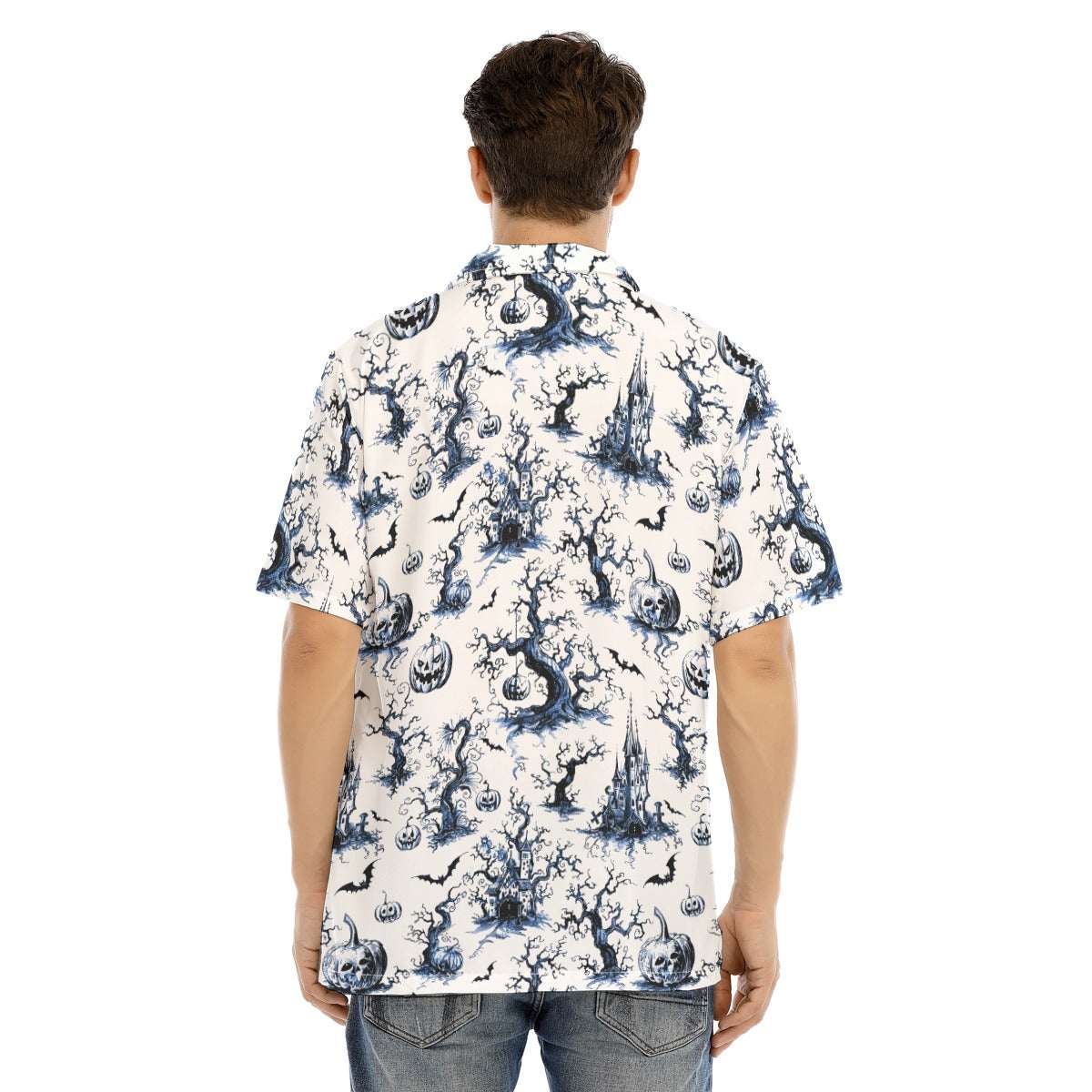Chinois-eerie Gothic Button-Up Shirt featuring a haunted design with bats and jack-o’-lanterns in blue-on-white. Chinois-eerie Gothic Button-Up Shirt featuring a haunted design with bats and jack-o’-lanterns in blue-on-white.