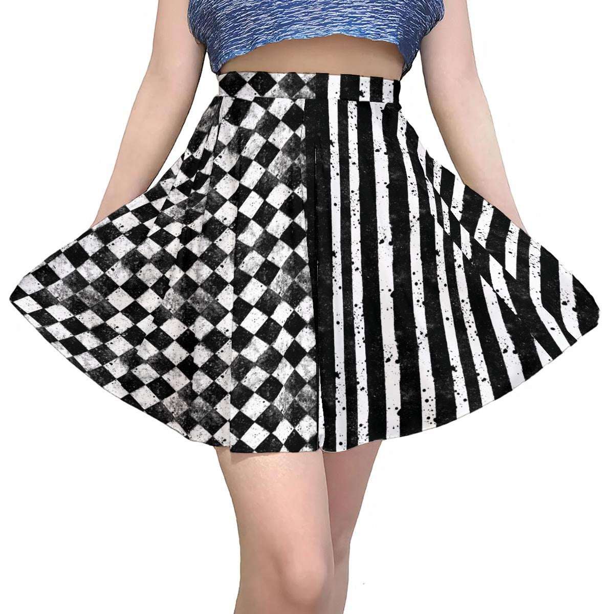 CARNYVL Dirty Diamonds short skirt featuring warped checkerboard and vertical stripes design.