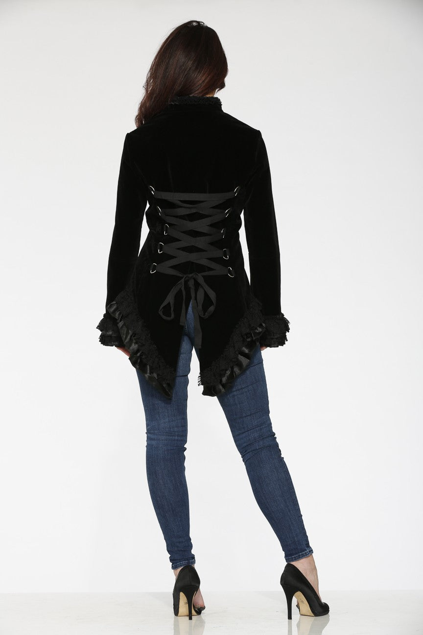 Back view of a Velvet Jacket – Black Tailed Gothic Punk Alternative Coat featuring lace-up details and ruffled hem.