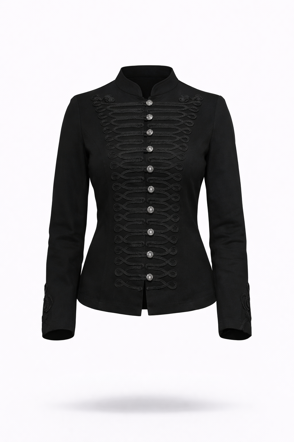 Black fitted Emersyn jacket with decorative buttons.
