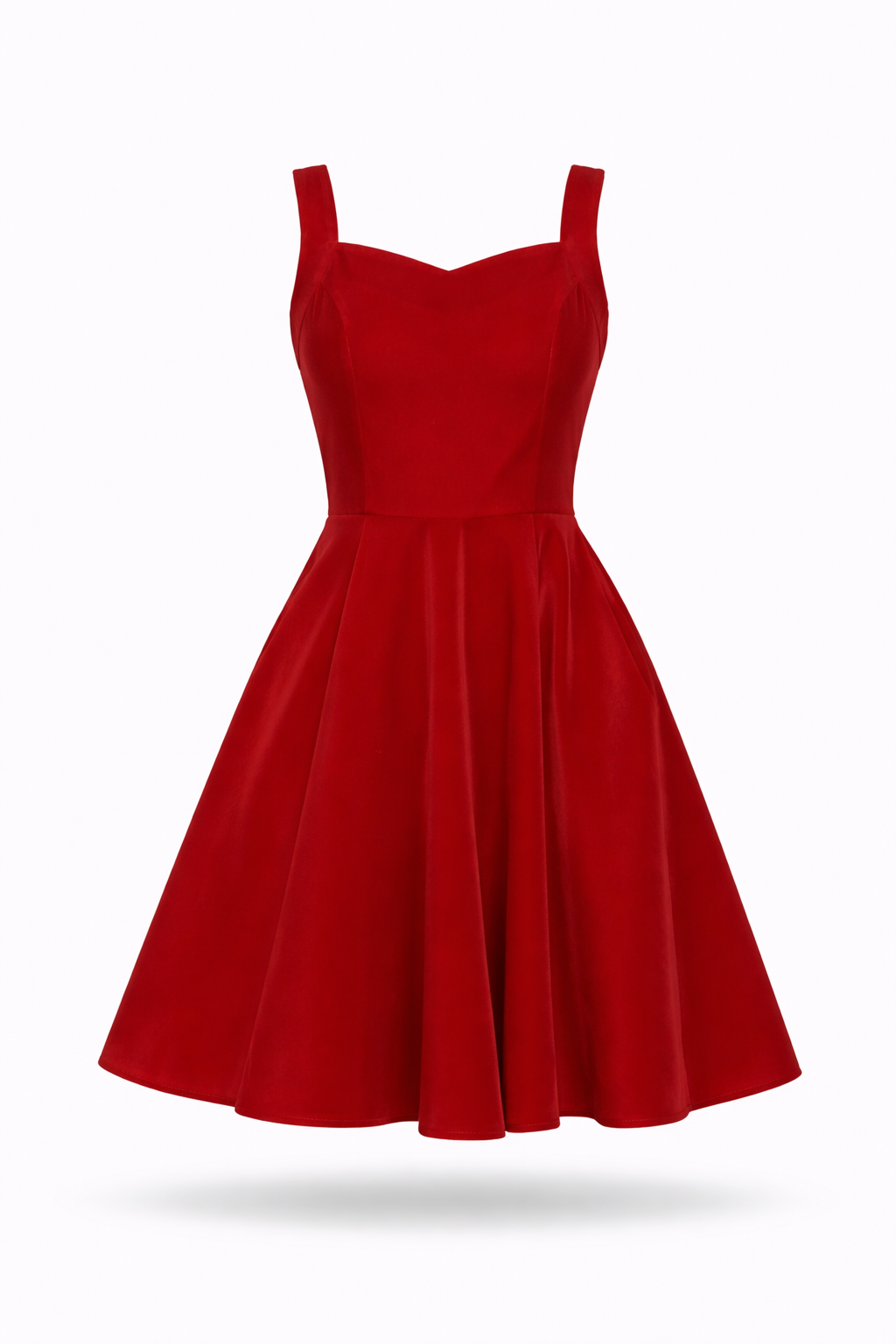 Red velvet swing dress with pockets.
