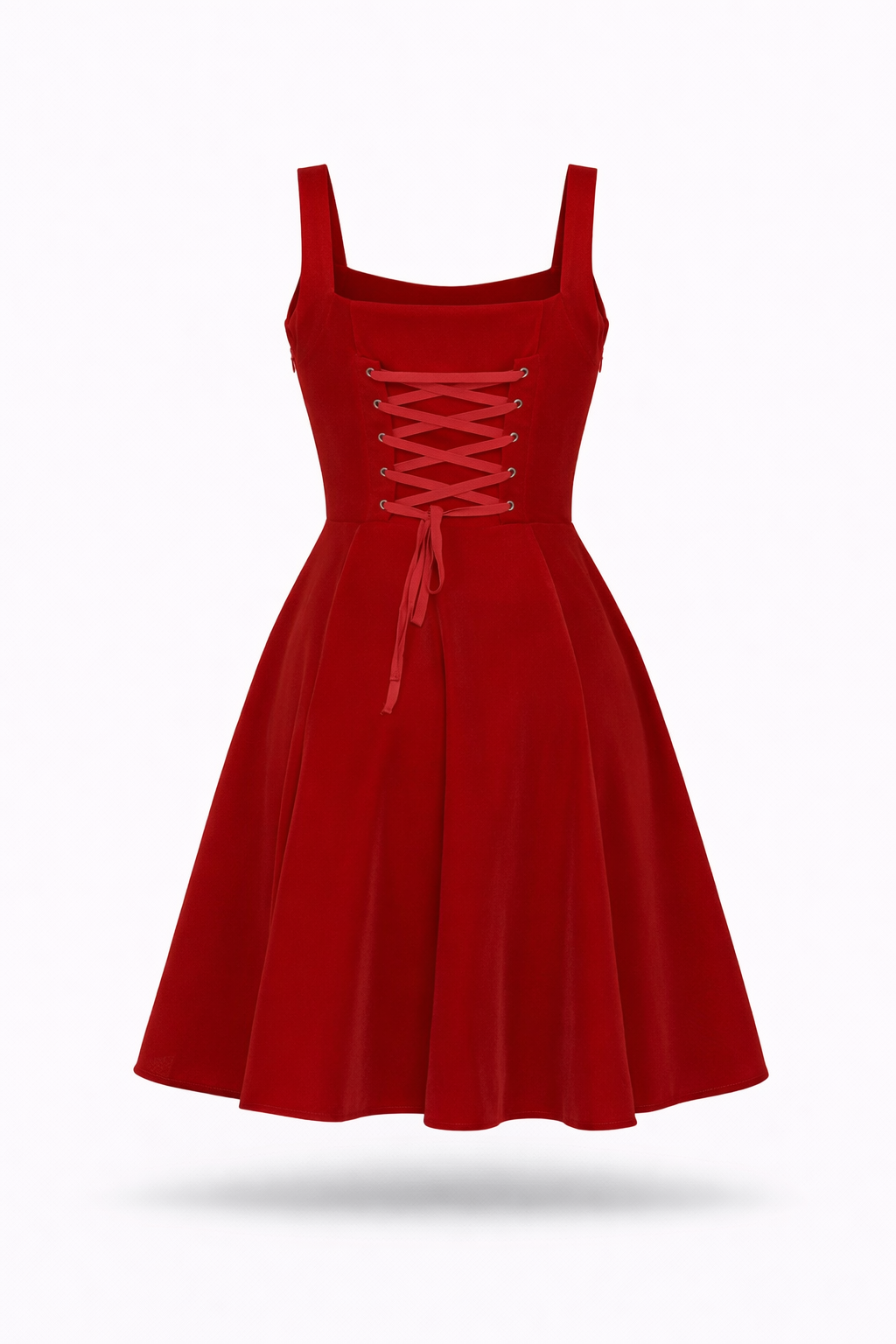 Red velvet swing dress with pockets featuring a fitted bodice and full swing skirt.