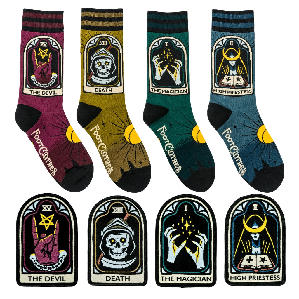 Four-design Tarot Nouveau sock and patch pack.