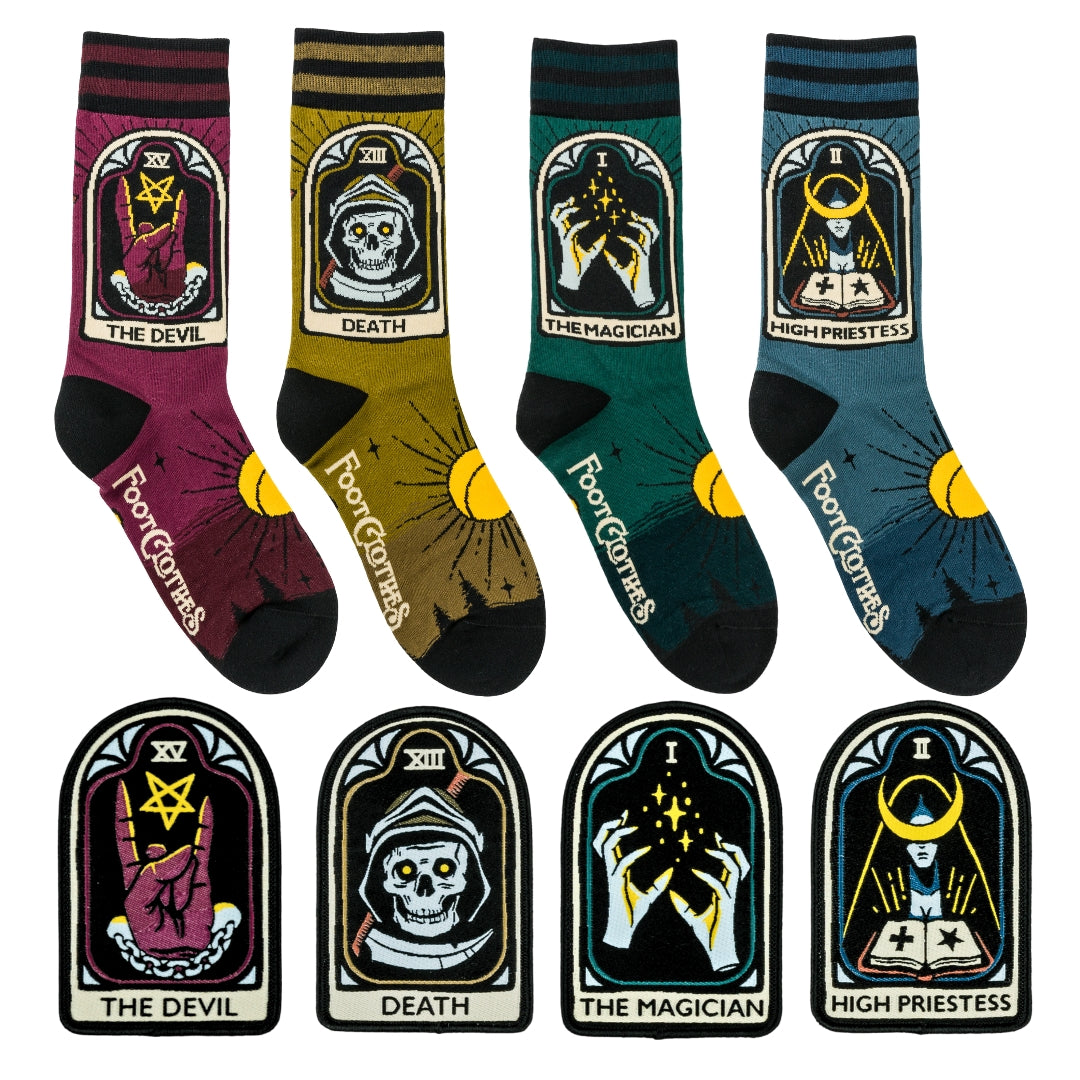 Four-design Tarot Nouveau sock and patch pack.