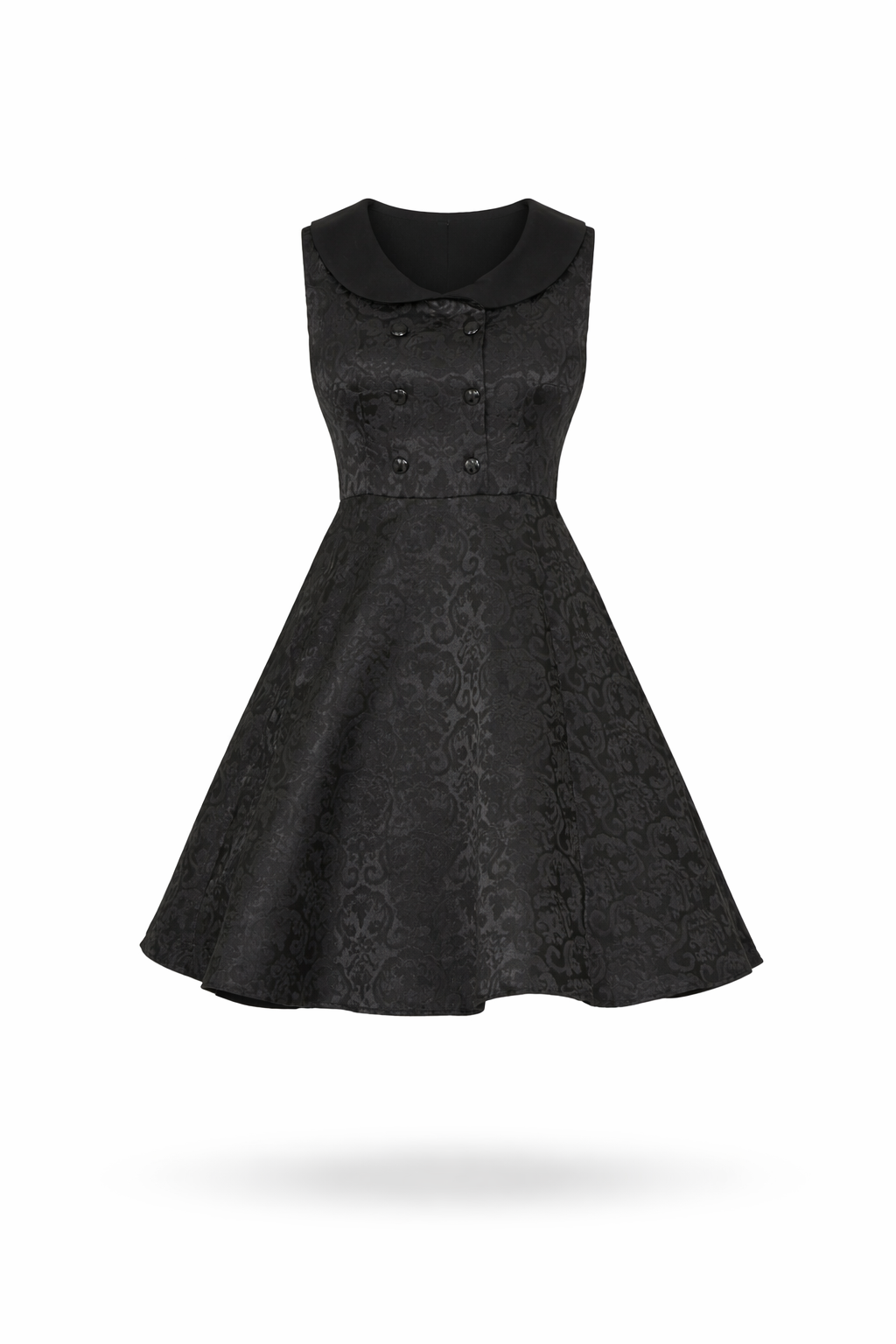 Black brocade swing dress with fold-over collar and flared skirt.