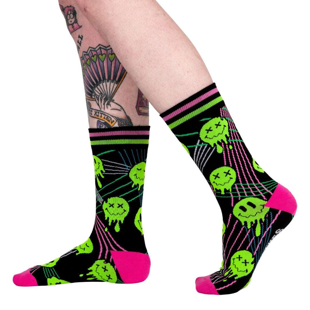 Laser BassFace Melt Supreme UV-reactive crew socks.