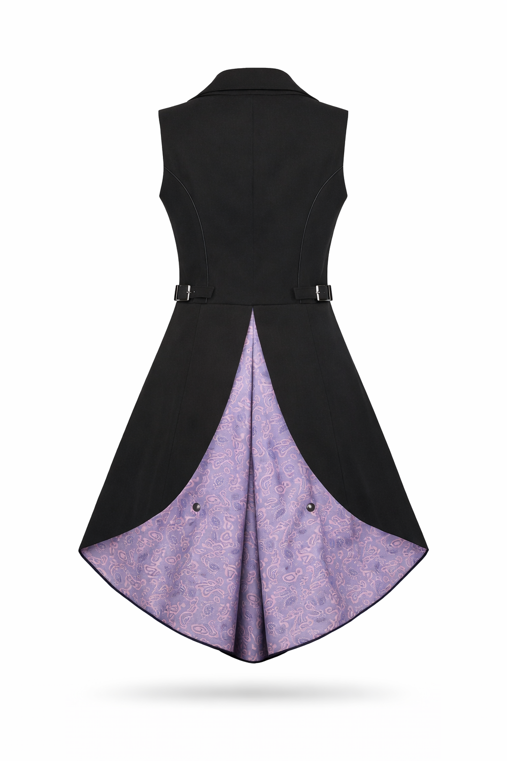 Back view of Black and Purple Floral Vest – Gothic Floral Waistcoat showcasing elegant design and unique floral lining.