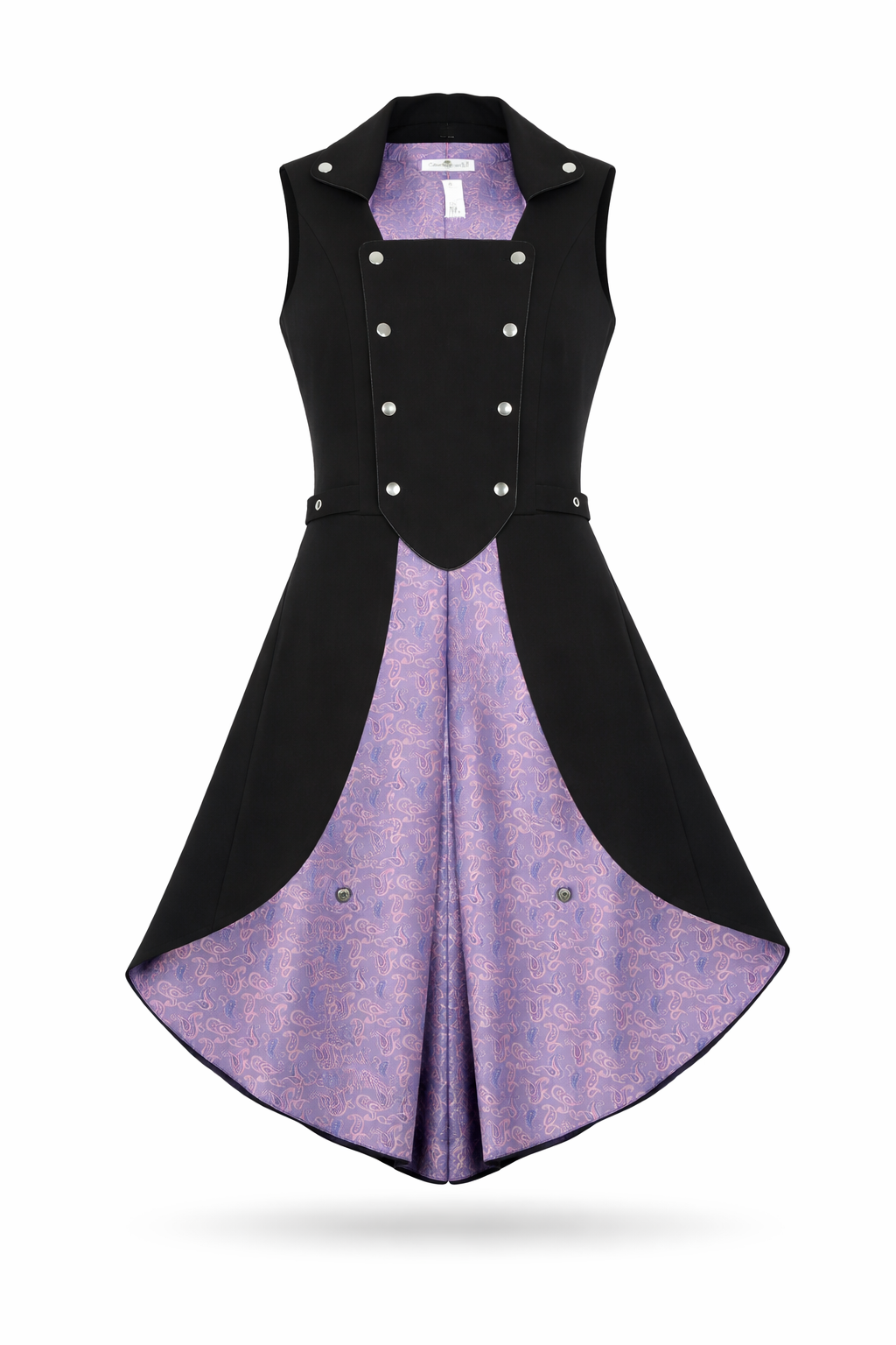 Black waistcoat with purple floral pattern.