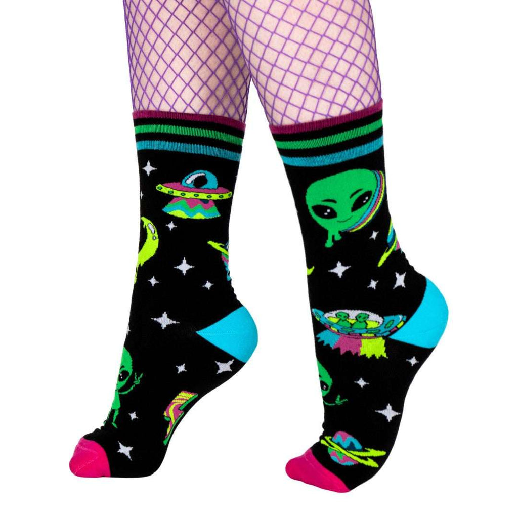 Spaced Out Alien UV Reactive Crew Socks - ResirWrecked Costumes