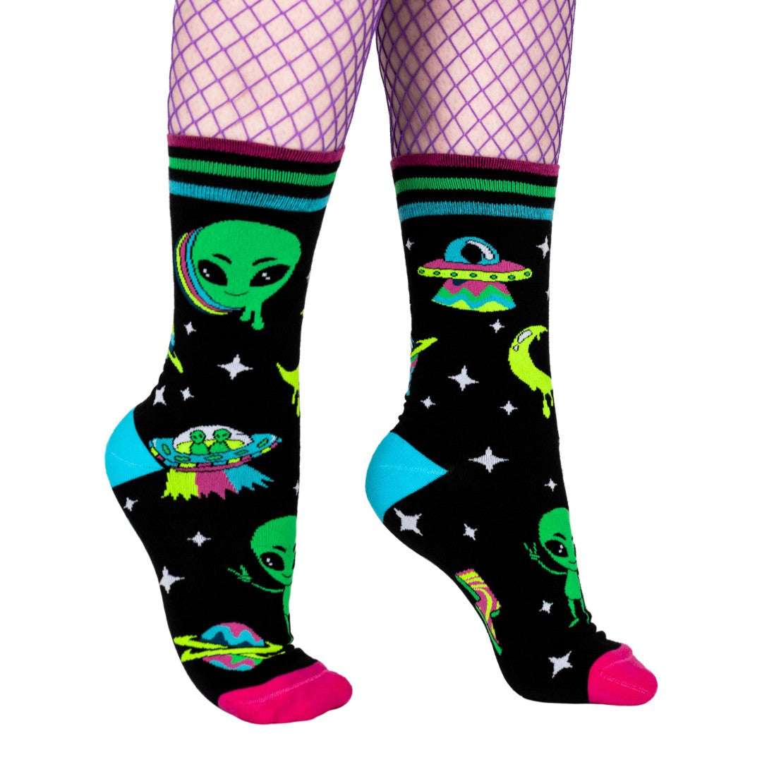 Spaced Out Alien UV Reactive Crew Socks - ResirWrecked Costumes