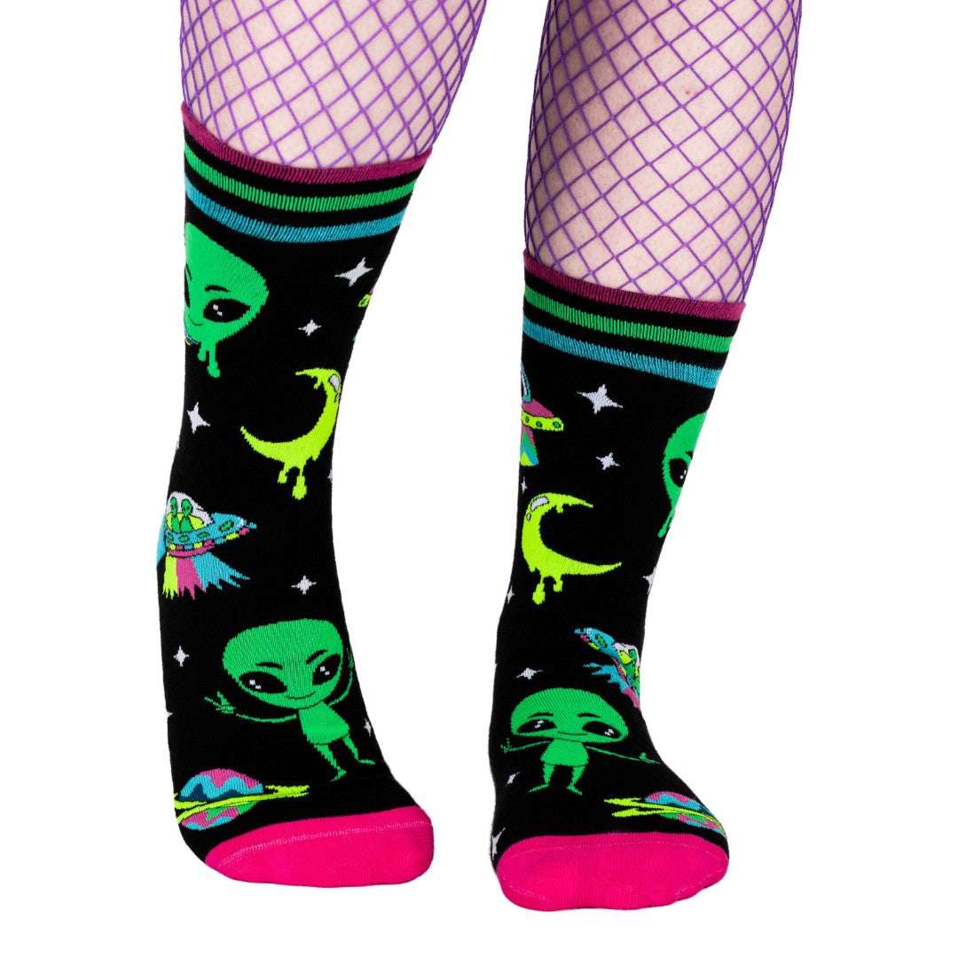 Spaced Out Alien UV Reactive Crew Socks - ResirWrecked Costumes