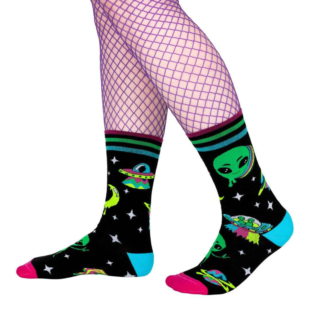 Spaced Out Alien UV-reactive crew socks.