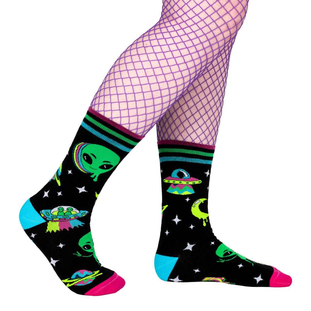 Spaced Out Alien UV Reactive Crew Socks - ResirWrecked Costumes