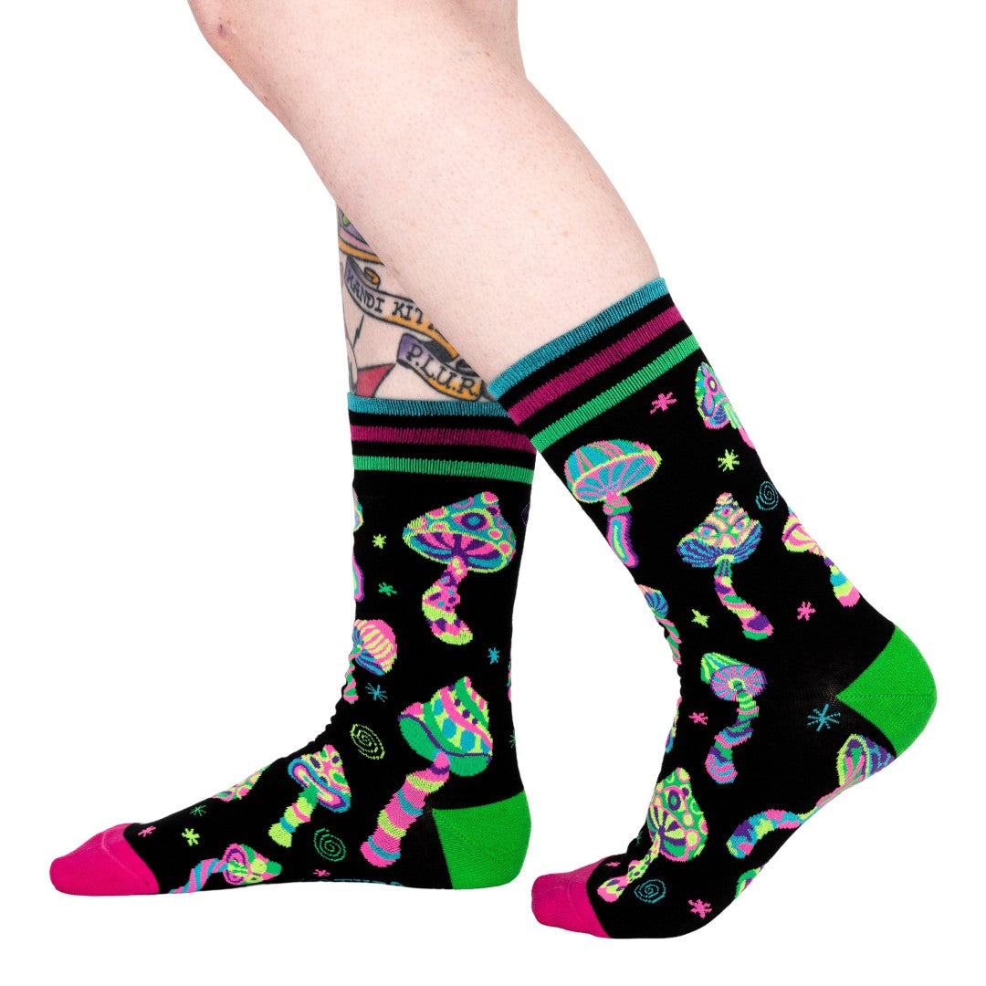 Funky Fungi UV-reactive crew socks.