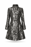 Silver brocade double-button women's coat with satin lining.