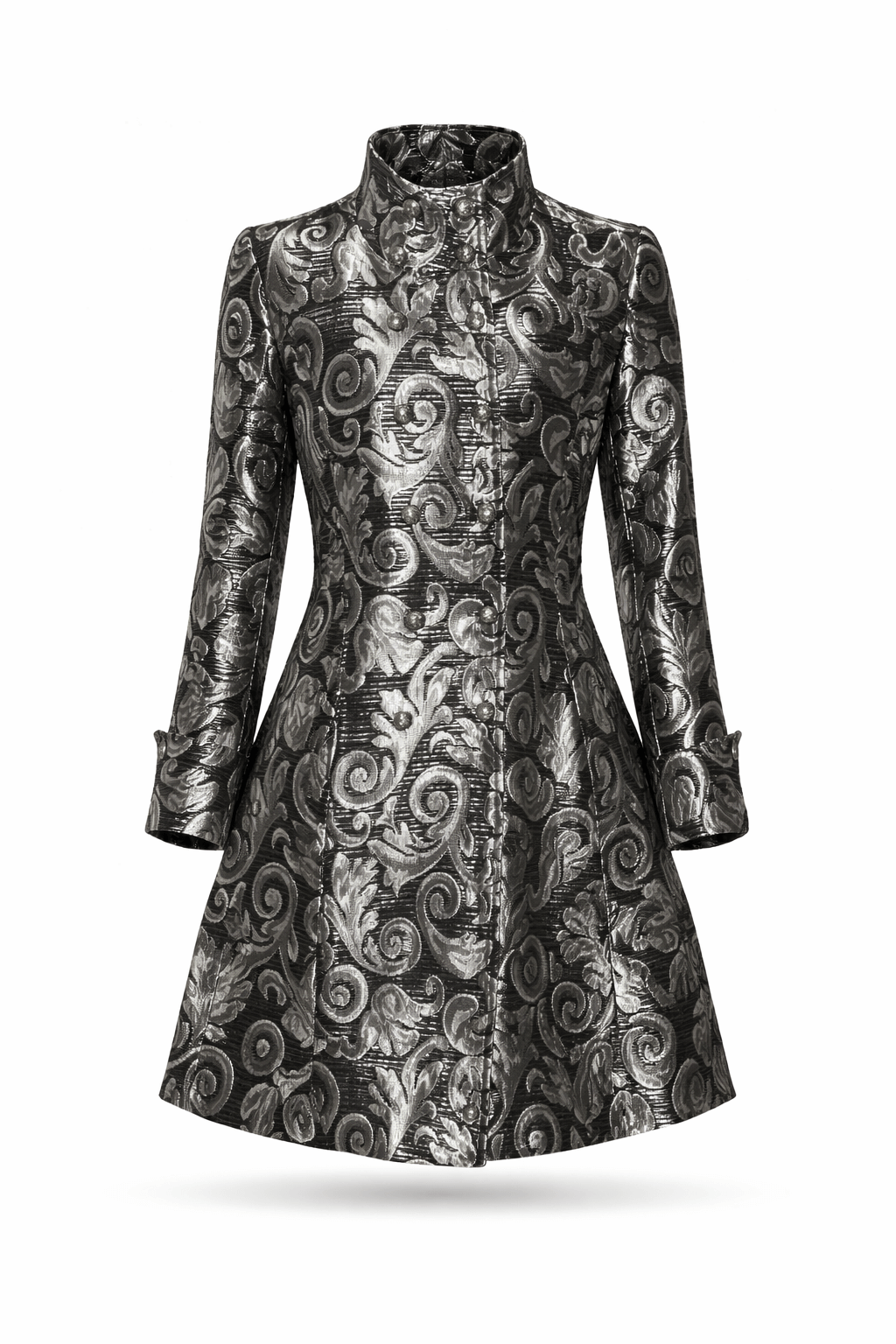 Silver brocade double-button women's coat with satin lining.