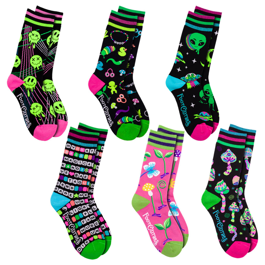 Six-design rave crew sock pack.