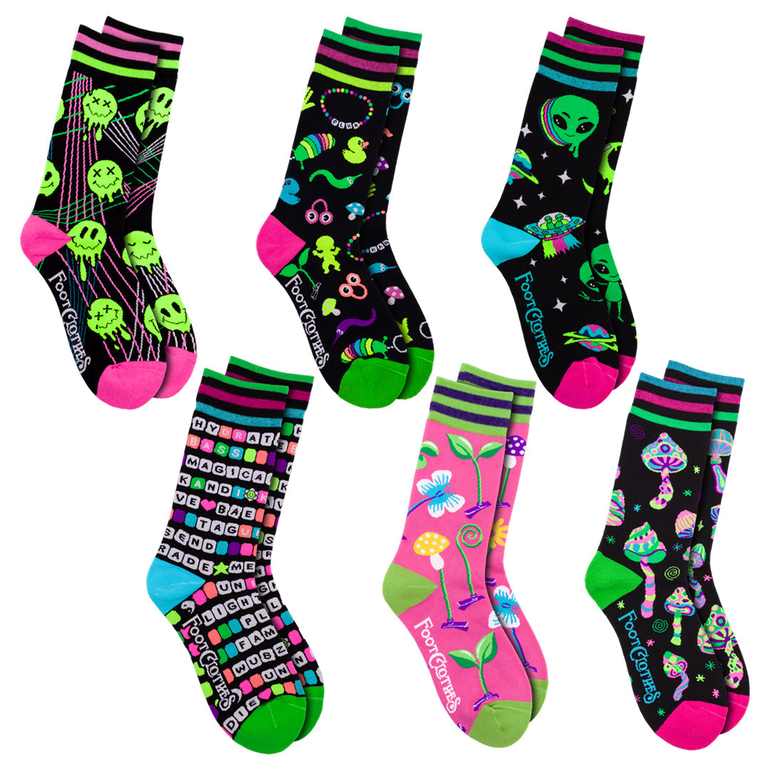 Six-design rave crew sock pack.
