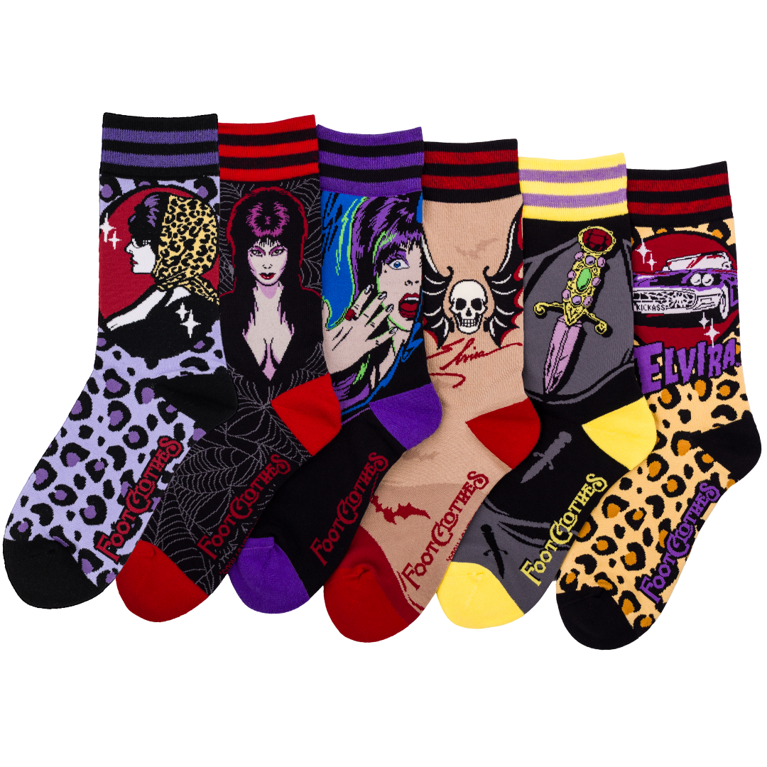 Six-design Elvira crew sock pack.