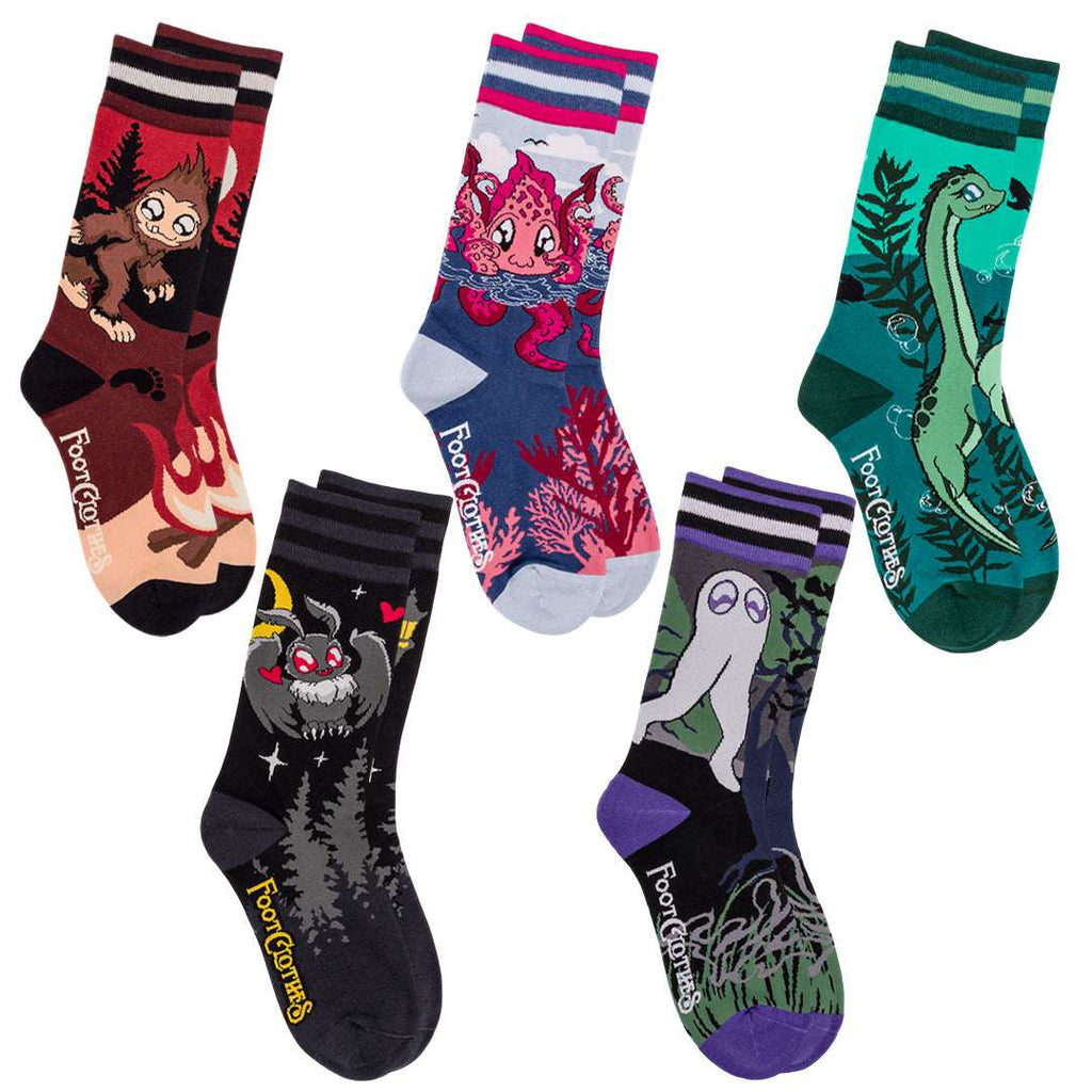 Five-design cute cryptid crew sock pack.
