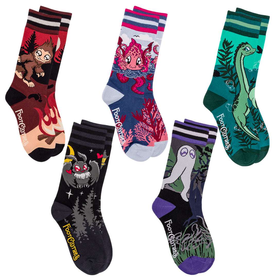 Five-design cute cryptid crew sock pack.
