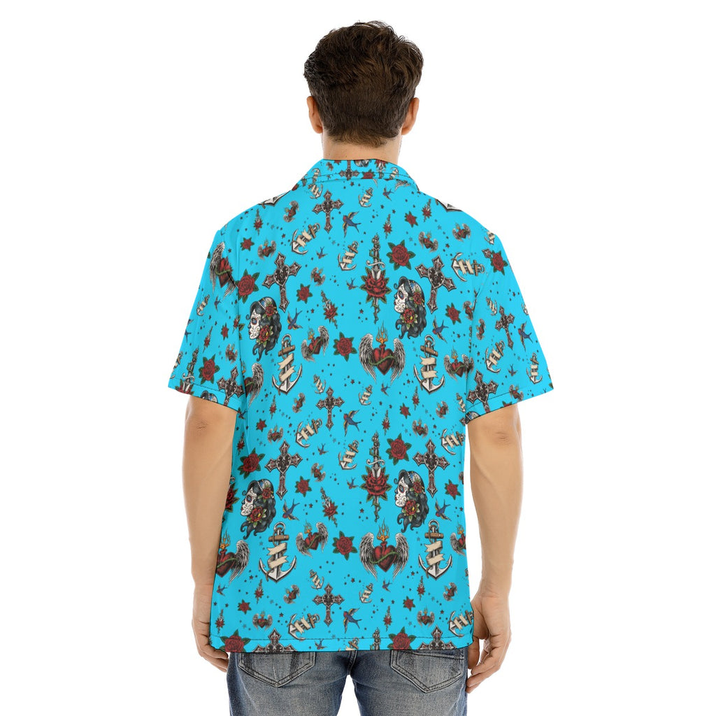 Close view of the Flasher Tattoo Camp Shirt print and camp collar details