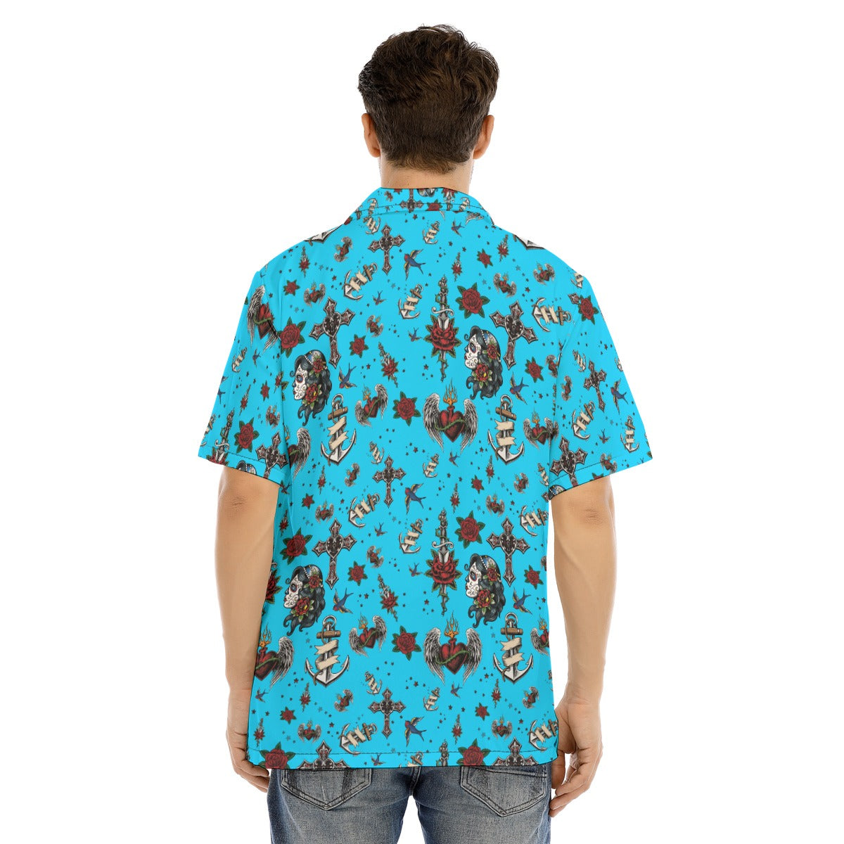 Close view of the Flasher Tattoo Camp Shirt print and camp collar details