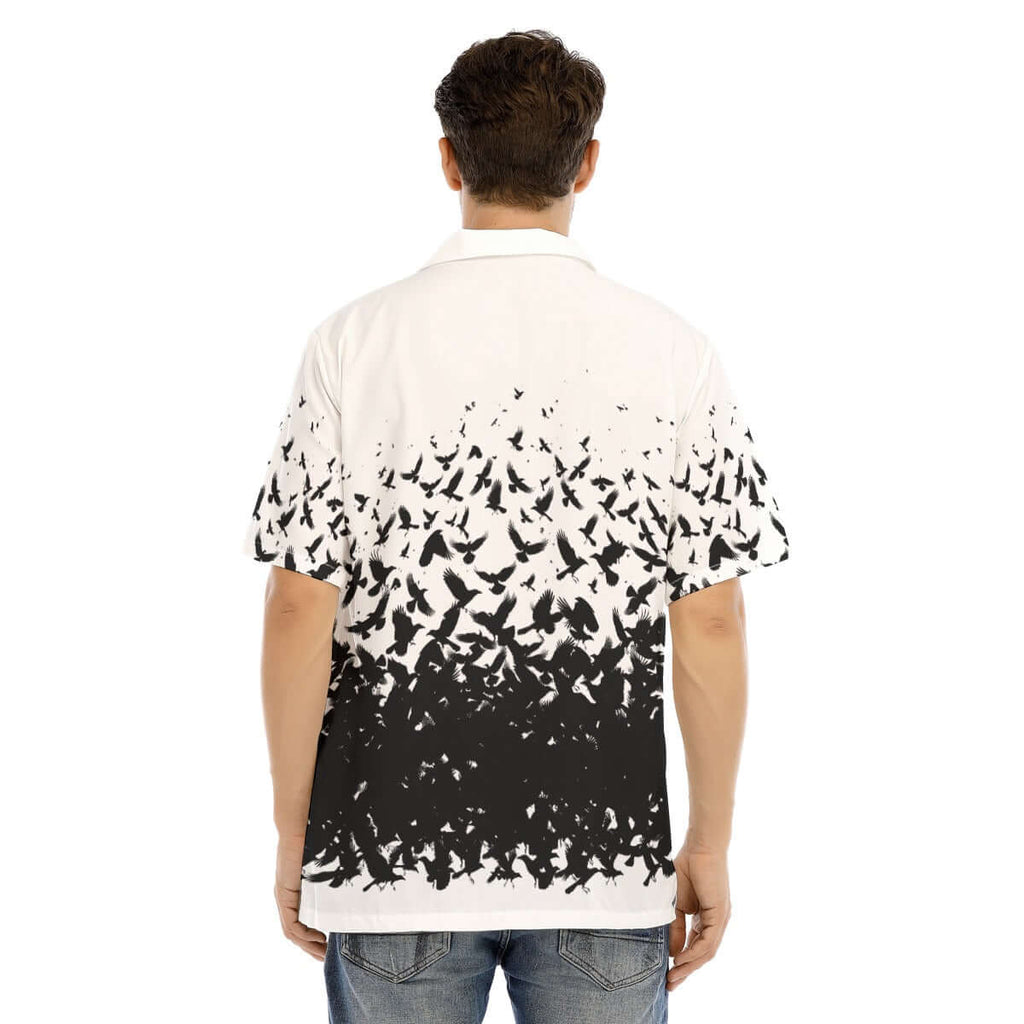 Back view of a stylish shirt featuring a Murder of Crows design in high contrast black and white.