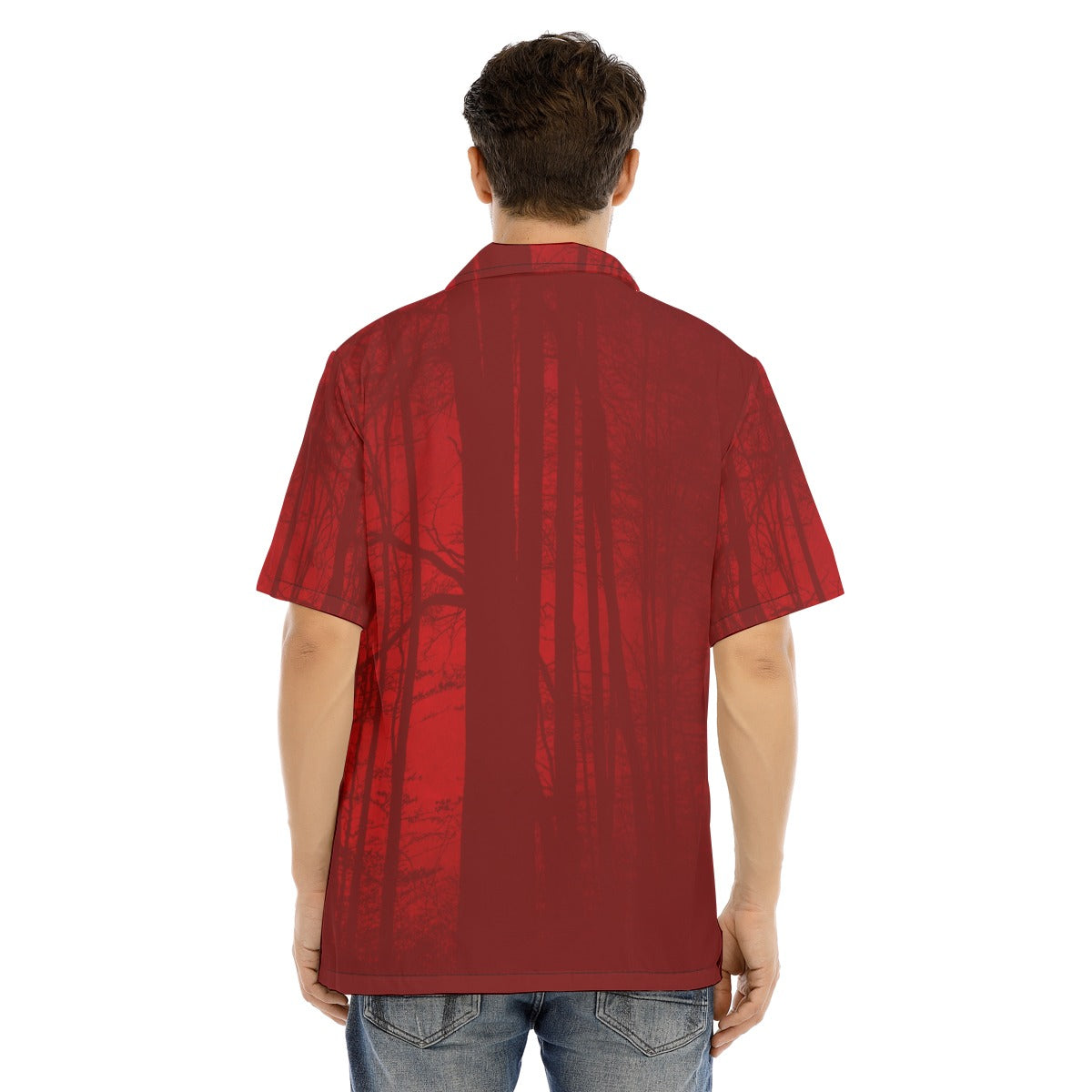 Back view of Krampus Close Up Gothic Button-Up Shirt featuring a blood-red forest design.