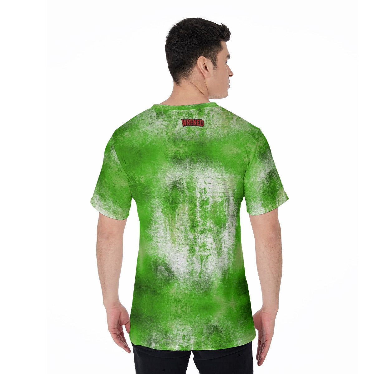 Back view of a man wearing a WREKED acid green V-neck tee with a worn survivor look.