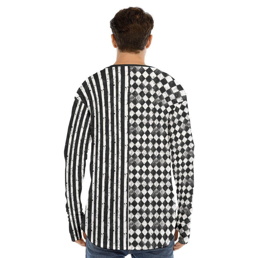 CARNYVL “Dirty Diamonds” Long Sleeve Thumb Crew T-Shirt back view showcasing split black-and-white print design.