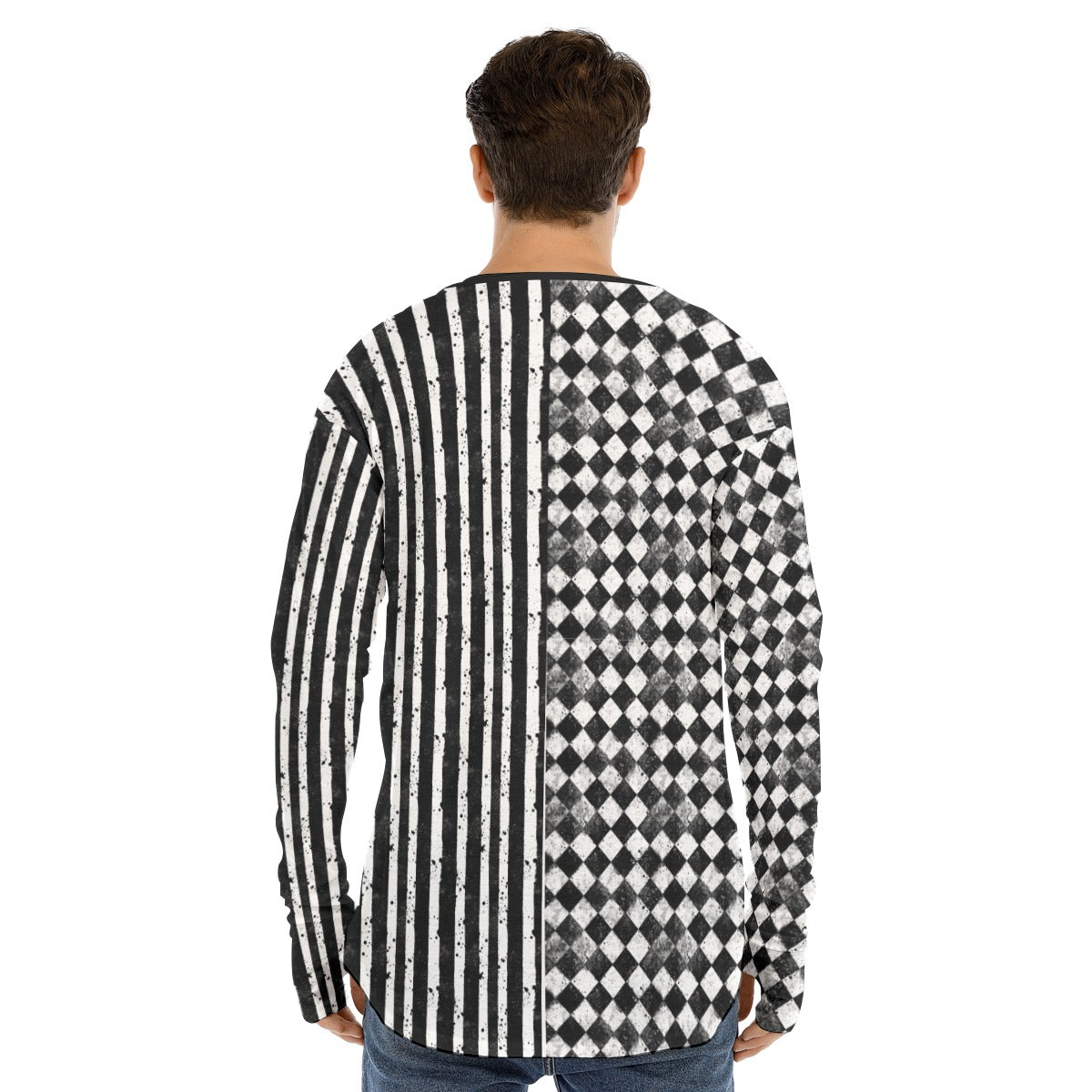 CARNYVL “Dirty Diamonds” Long Sleeve Thumb Crew T-Shirt back view showcasing split black-and-white print design.