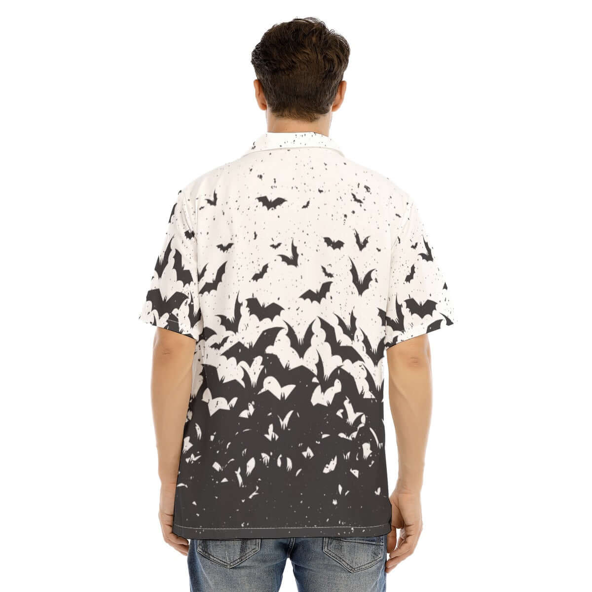Ombre of Bats short-sleeve shirt showing a bat swarm print on a white-to-midnight fade back.