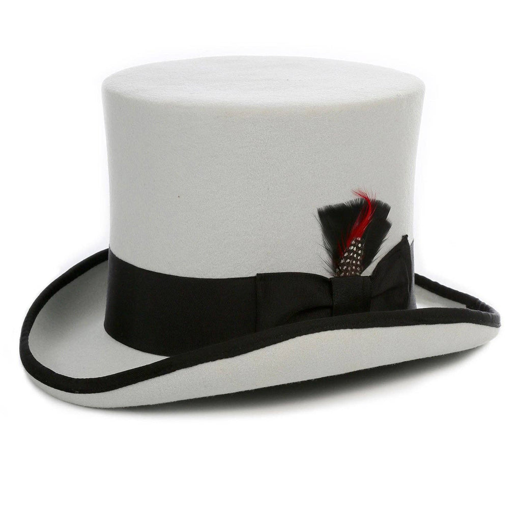 Grey wool top hat with black trim.