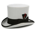 Grey wool top hat with black trim.