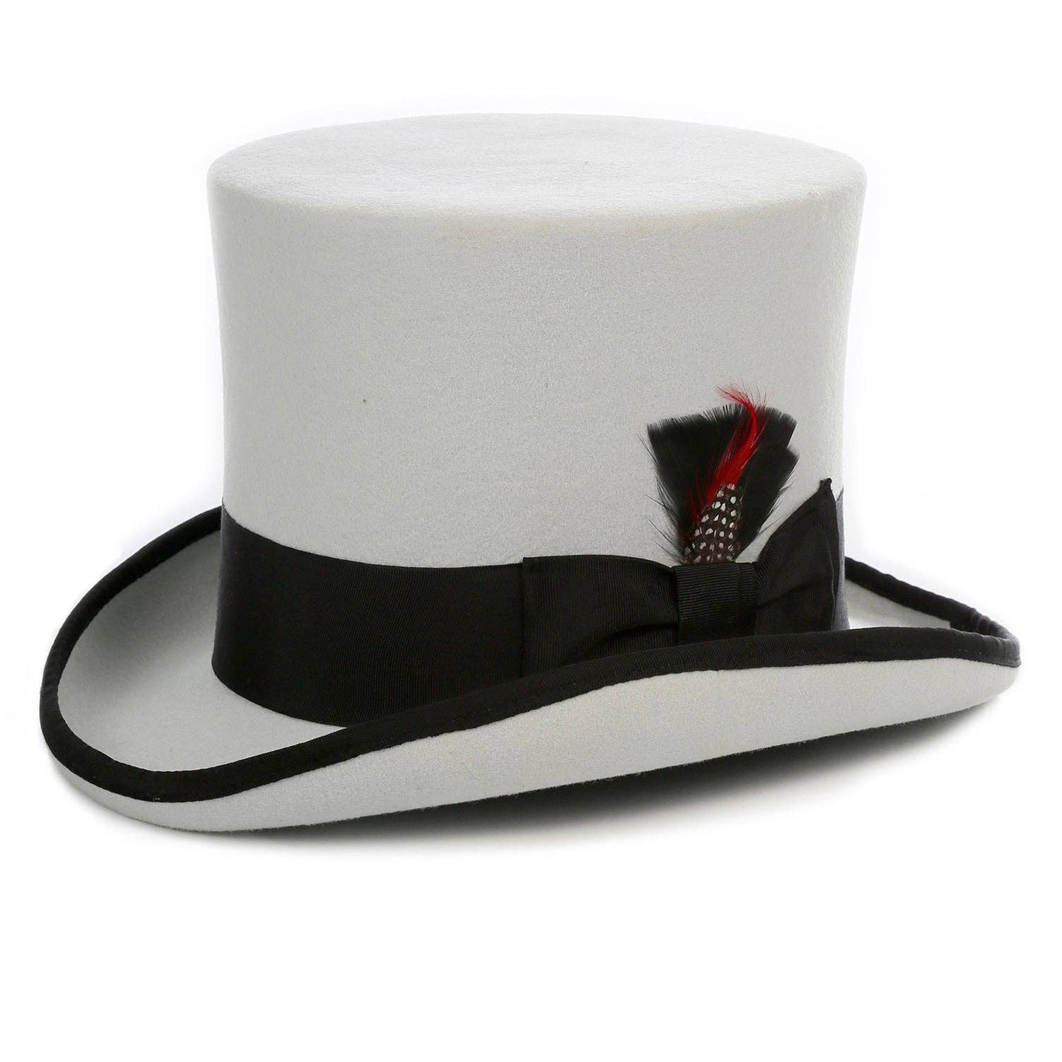 Grey wool top hat with black trim.