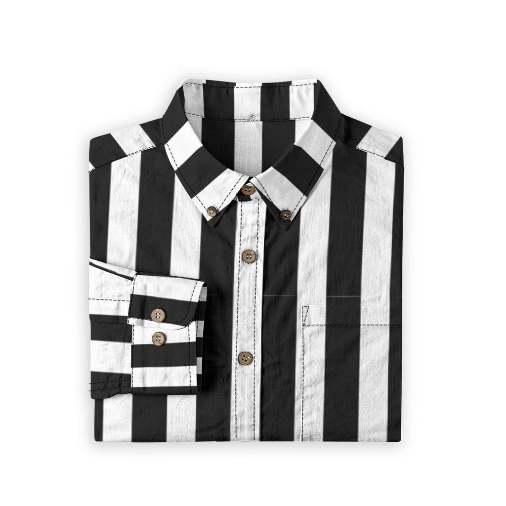 Folded Ringmaster’s black and white striped button-up shirt with buttons and collar displayed.