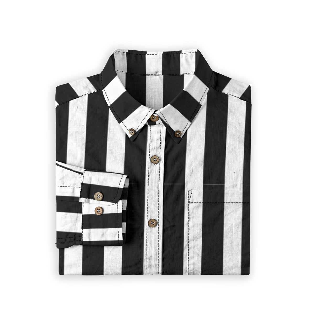 Folded Ringmaster’s black and white striped button-up shirt with buttons and collar displayed.