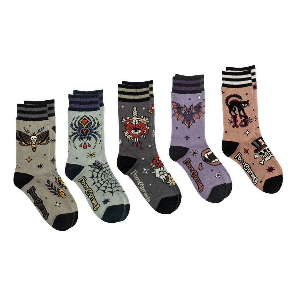 Five-design Cursed Classics crew sock pack.