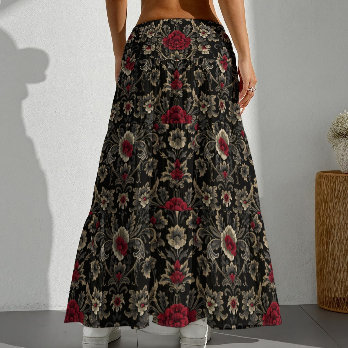 black tiered maxi skirt with crimson/stone baroque floral print