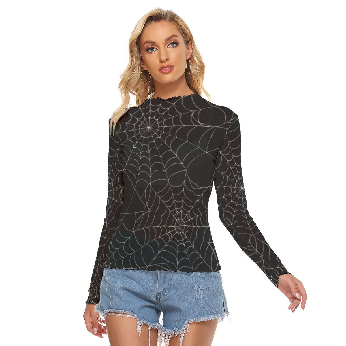 Model wearing a spiderweb mesh long sleeve top with a stylish design and fitted silhouette.