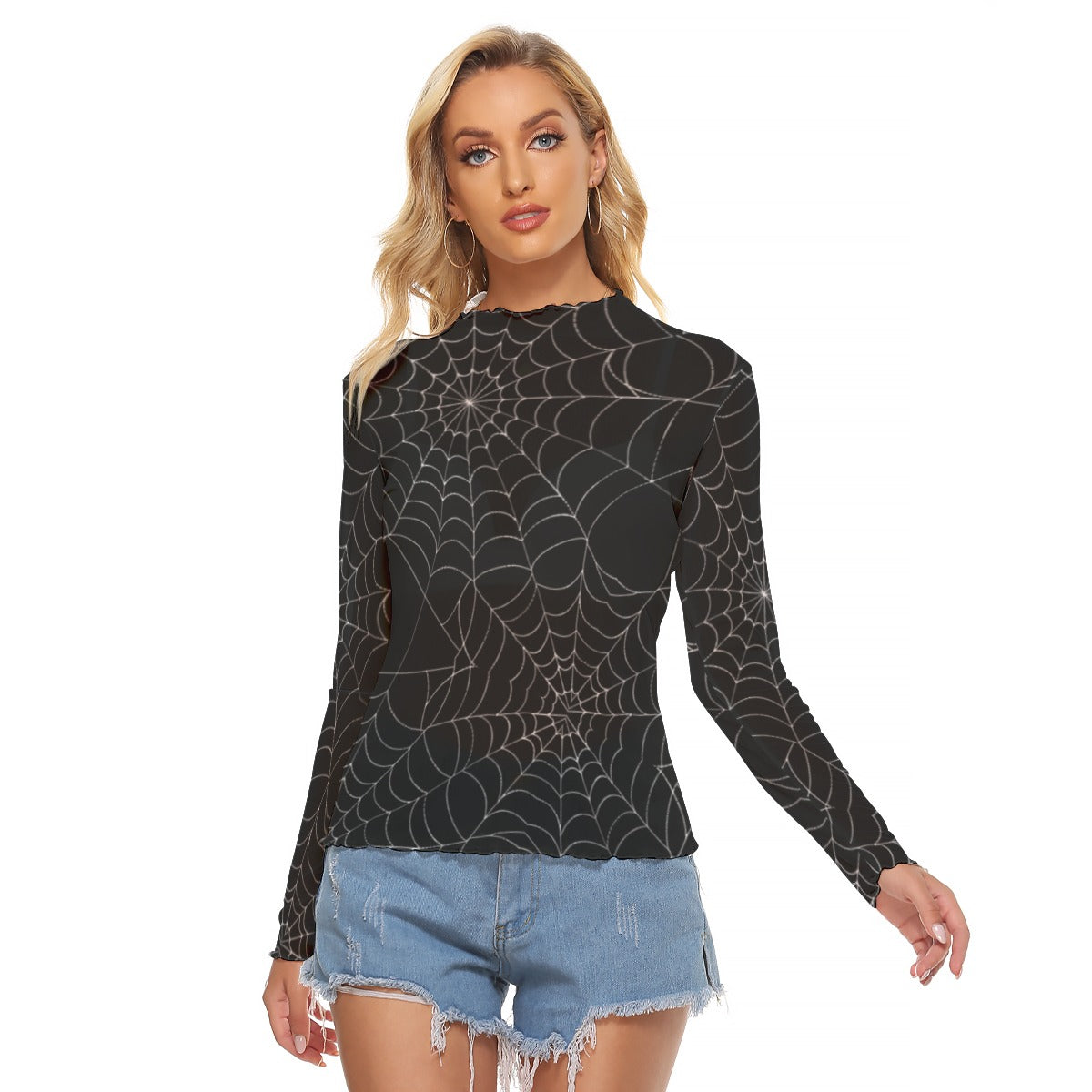 Model wearing a spiderweb mesh long sleeve top with a stylish design and fitted silhouette.