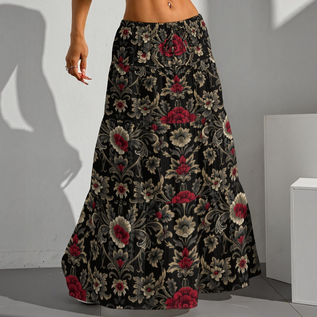black tiered maxi skirt with crimson/stone baroque floral print