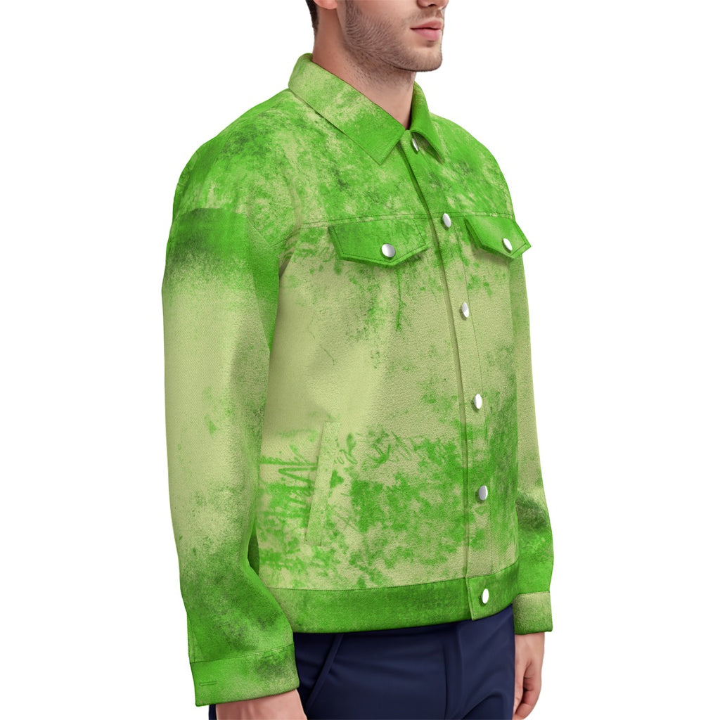 Model wearing an acid green canvas jacket, showcasing its textured finish and structured design.