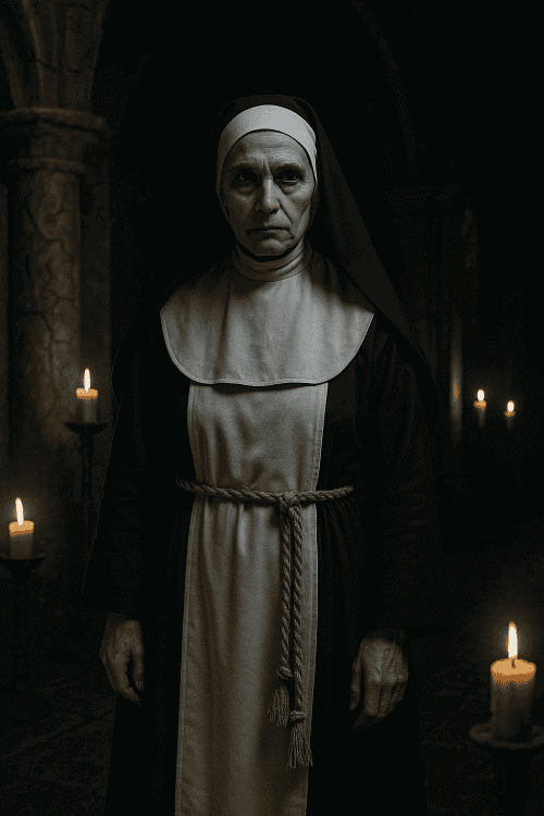 Nun Costume – Gothic “Sister Slaughter” 5-Piece Horror Outfit worn by an actress in a dimly lit setting.