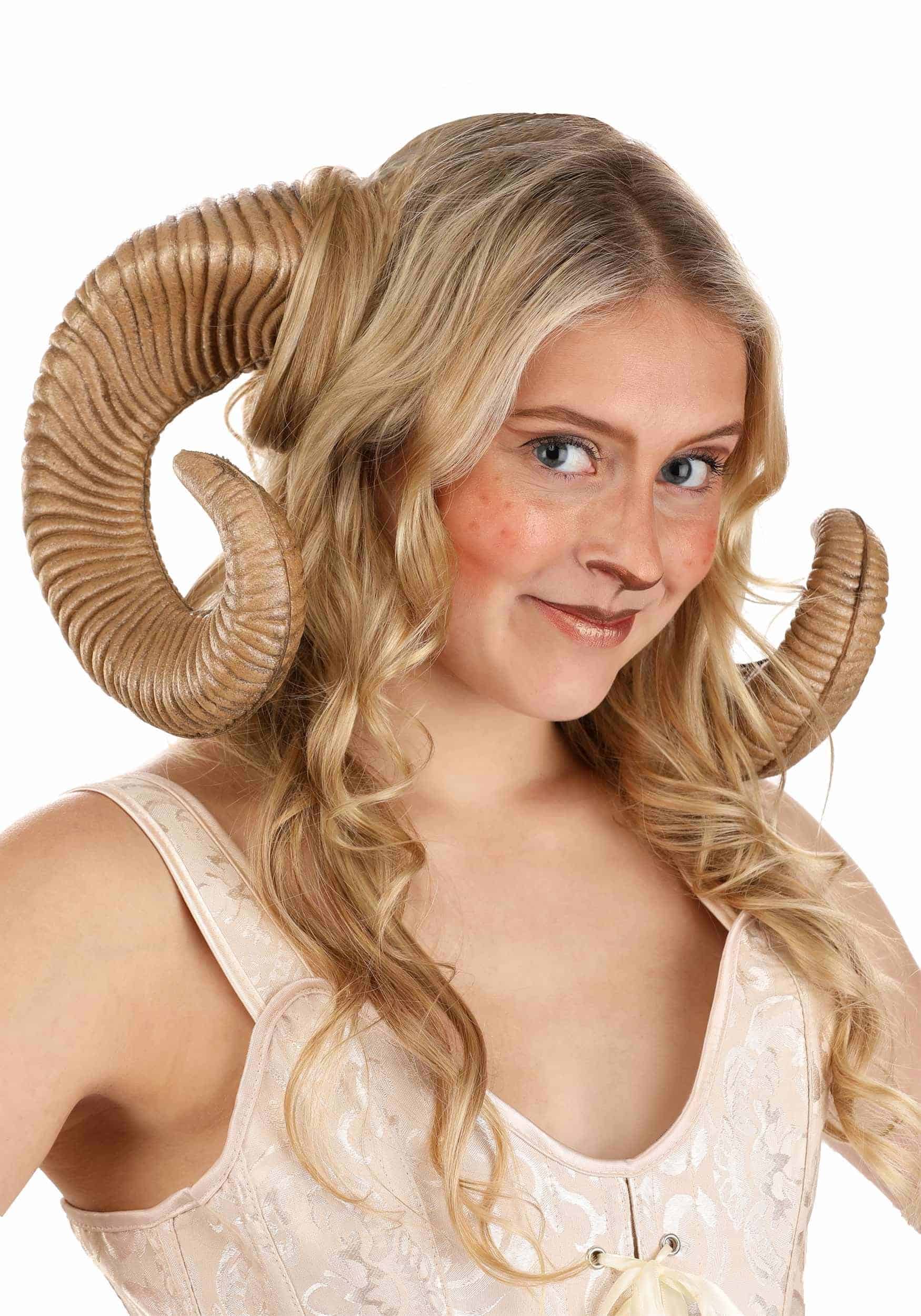 Ram Horns – Adult Gothic Punk Costume Accessory worn by a model with long hair.
