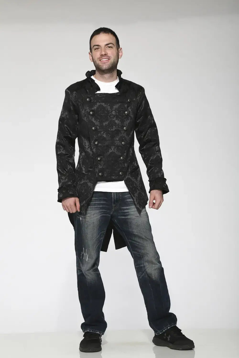 Black Brocade Tailcoat – Gothic Renaissance Aristocratic Jacket worn by model, showcasing unique gothic style.