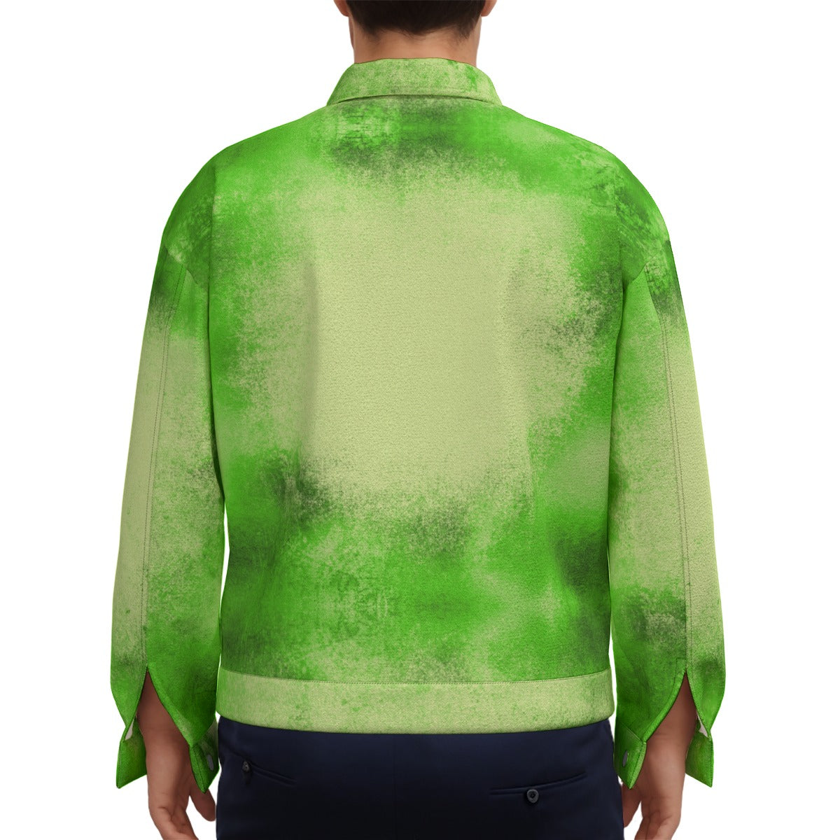 Back view of WREKED acid green canvas jacket showcasing its unique distressed design.